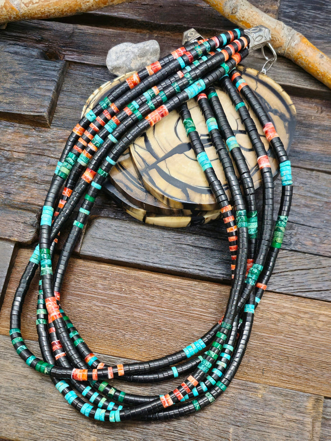 Five Strand Turquoise, Orange Spiny Oyster, and Jet Heishi Necklace by Fred Archuleta - 33 in (Copy)