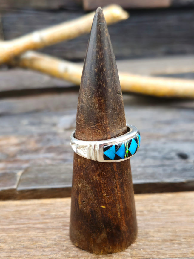 Blue Turquoise, Onyx, and Opal Inlay Sterling Silver Ring by Rick T. - Size 13 1/2