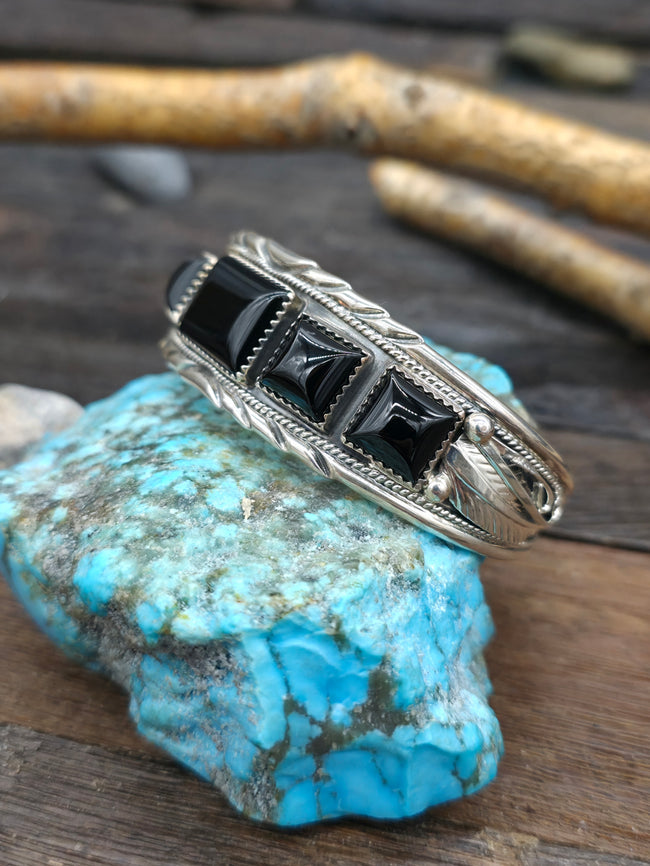 Sterling Silver and Rectangular Onyx Cuff by Devey Morgan - 6 3/4 in. w/Gap