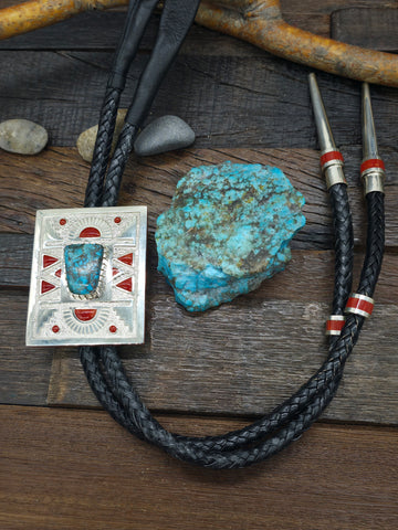 High Shine Sterling Silver Turquoise and Coral Inlay Pendant by Michael Perry - 3 1/4 in. by 2 in.