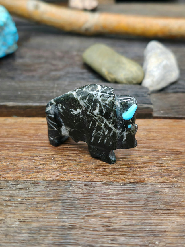 Hand Carved Black Bison Fetish with Turquoise Horns by Todd Etsate