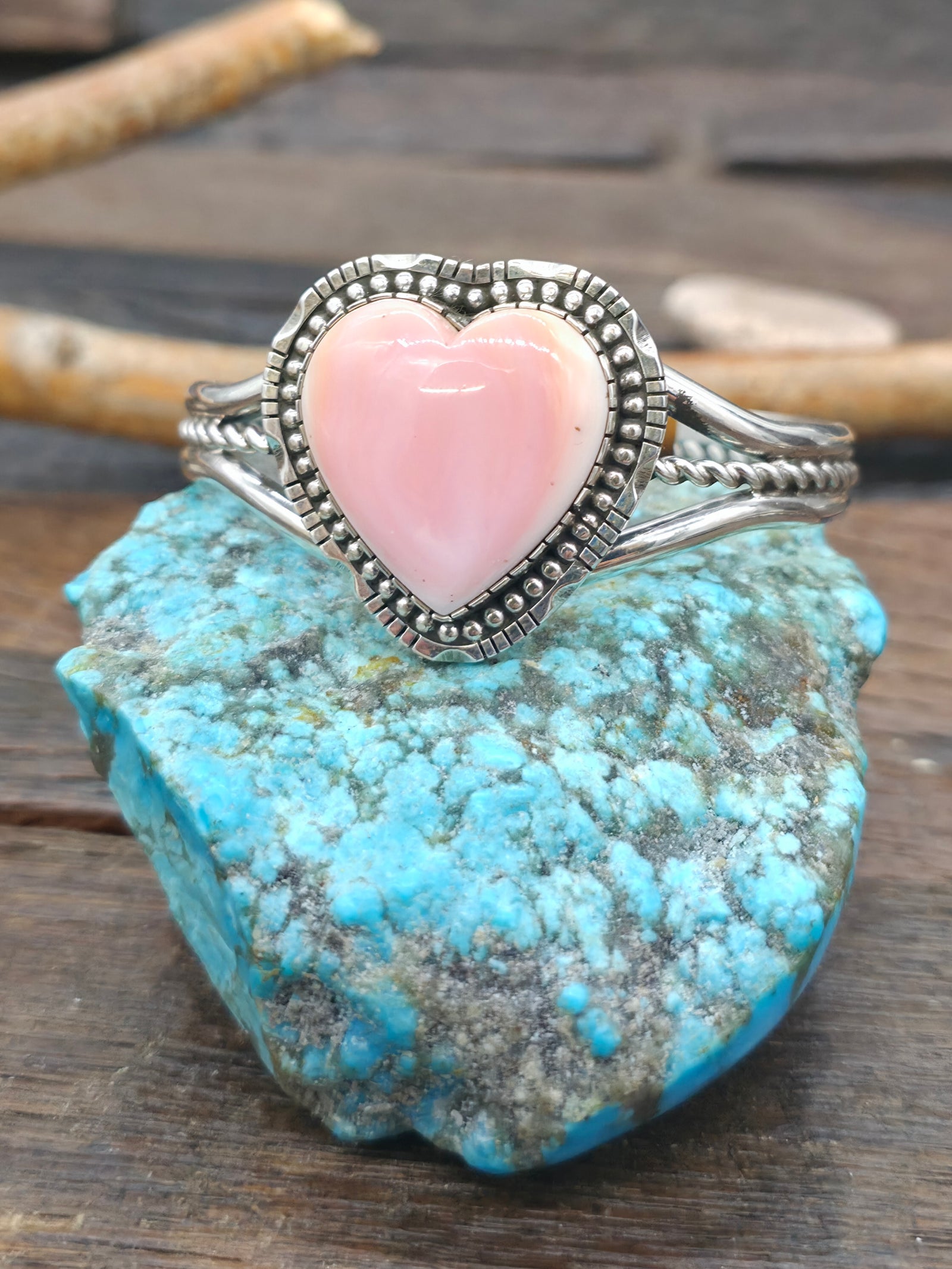 High Shine Sterling Silver Pink Conch Heart Cuff by Walter Vandever - 6 1/2 in. with Gap