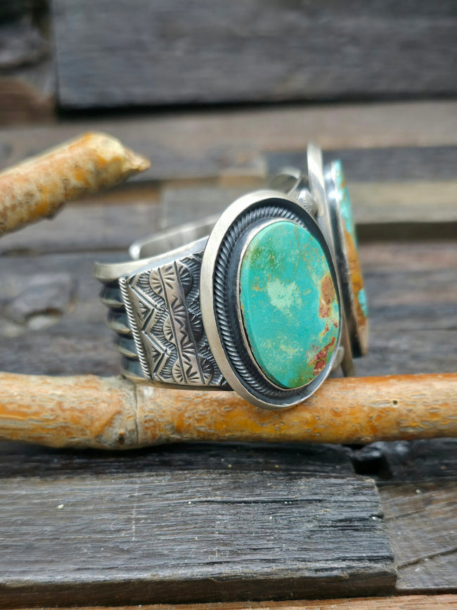 Three Stone Turquoise and Sterling Silver Cuff by Leon Martinez - 7 in.