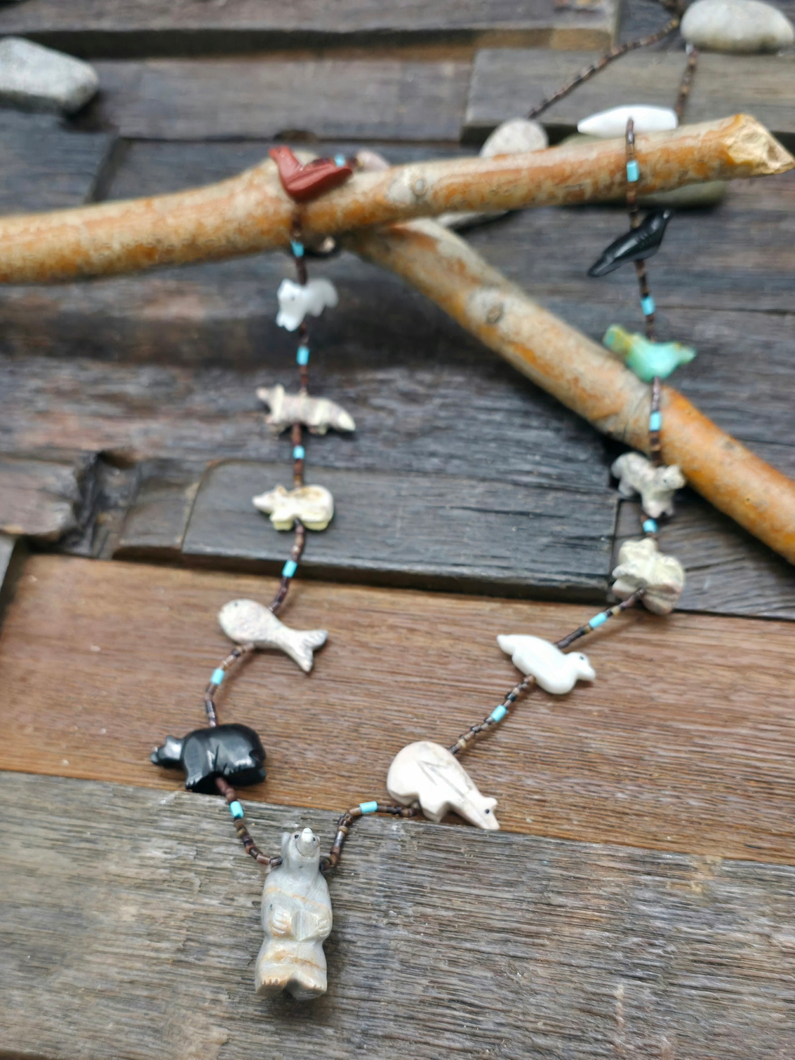 Multi Animal Zuni Fetish Necklace with Central Bear by Larry Cisco - 30 in.
