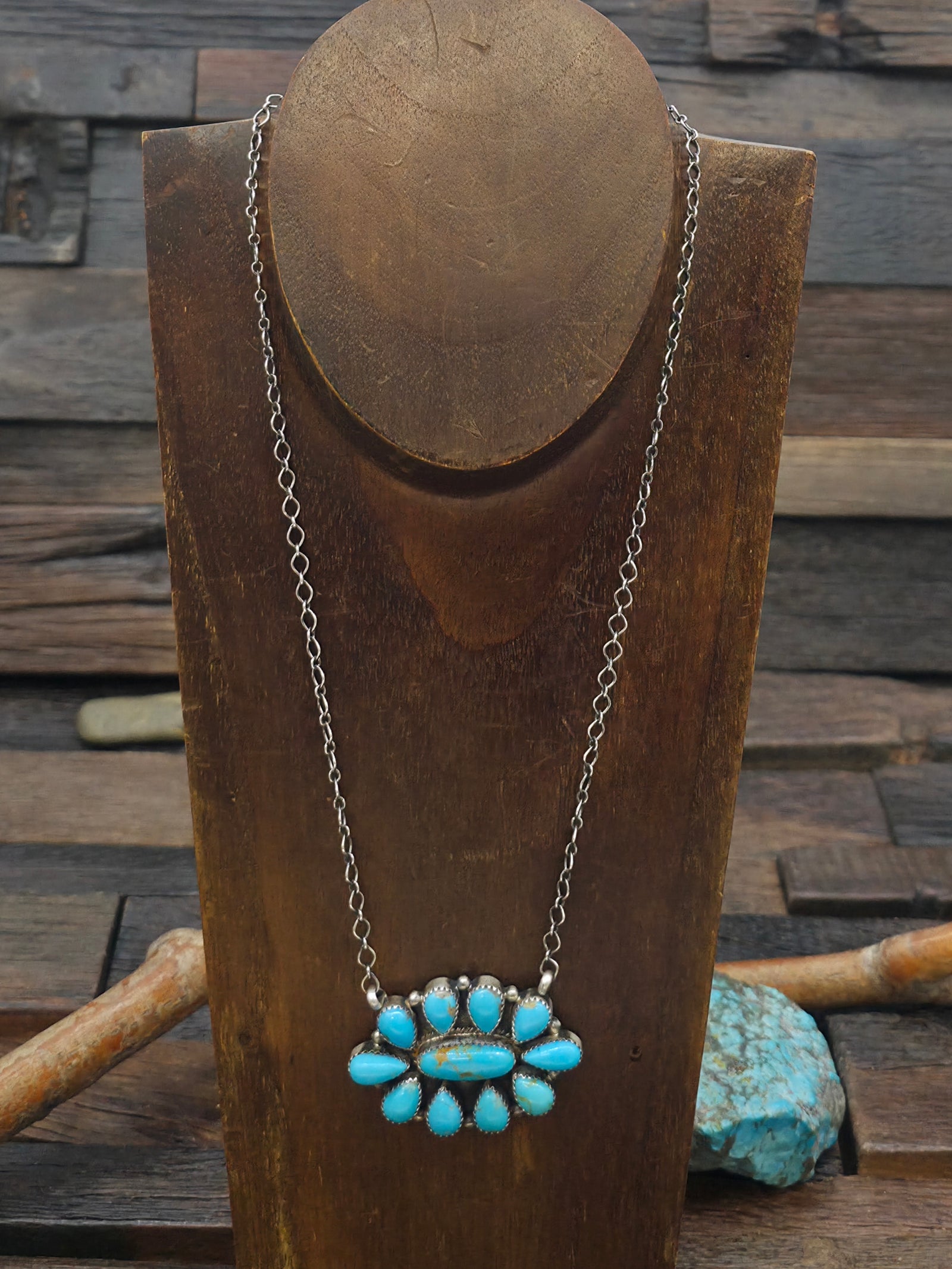 Sterling Silver Turquoise Cluster Bar Necklace by Debra Smith - 18 in.