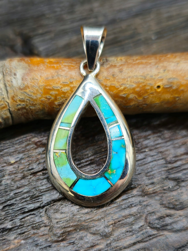 Green Turquoise Sterling Silver Inlay Teardrop Pendant