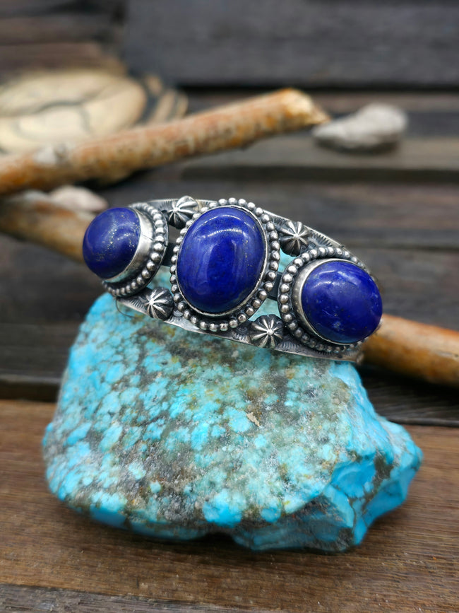 Three Stone Lapis Lazuli Sterling Silver Cuff by Rosella Paxton - 6 3/4 in.