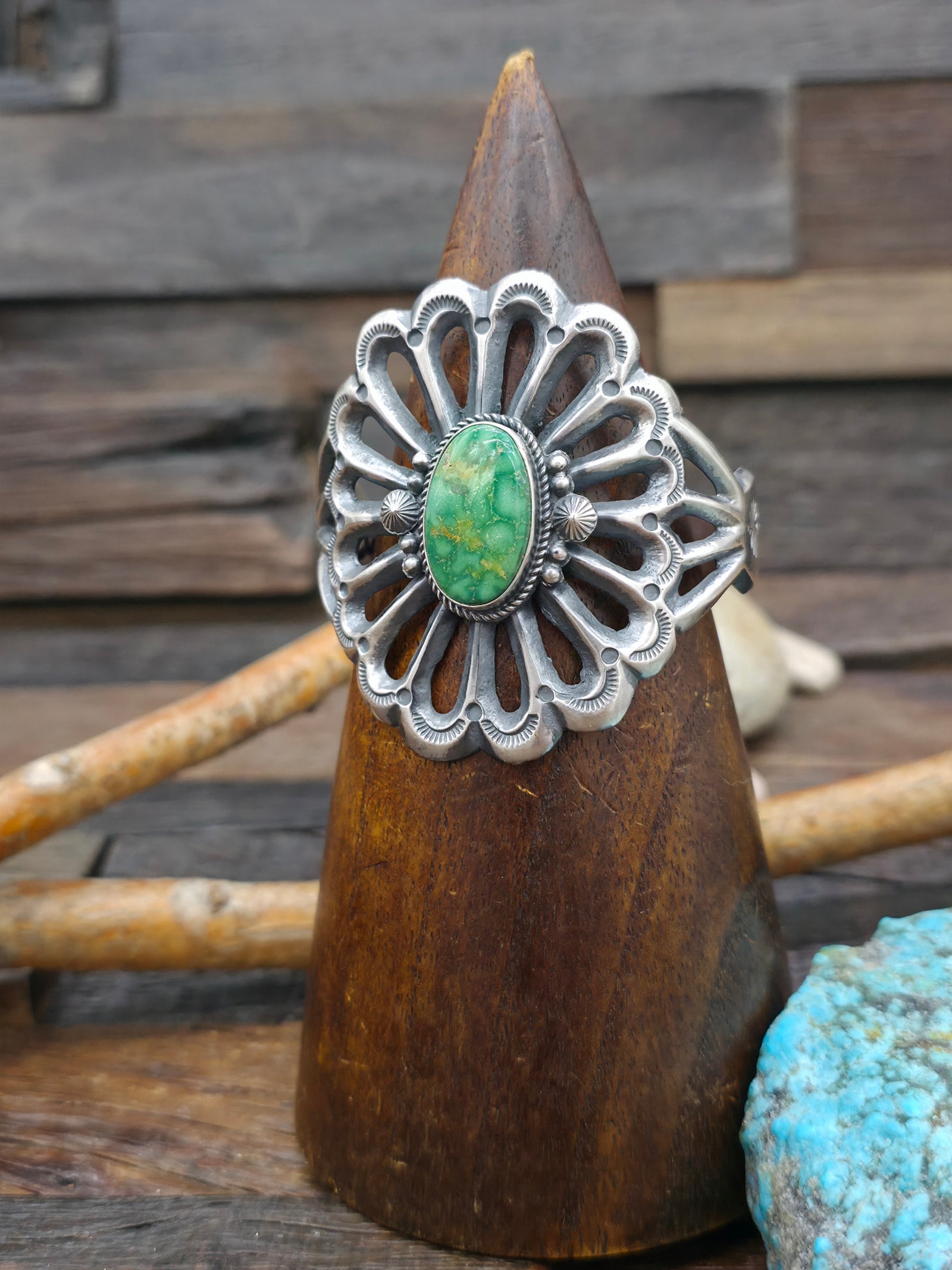 Cast Sterling Silver Emerald Valley Turquoise Bracelet by Harrison Bitsue - 6 1/4 in. with Gap