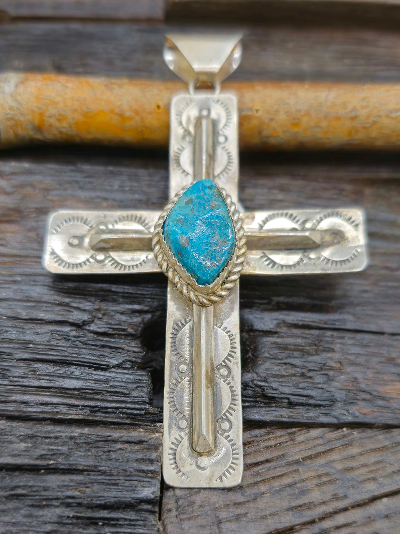 Sterling Silver Cross with Kingman Turquoise by Julia Etsitty
