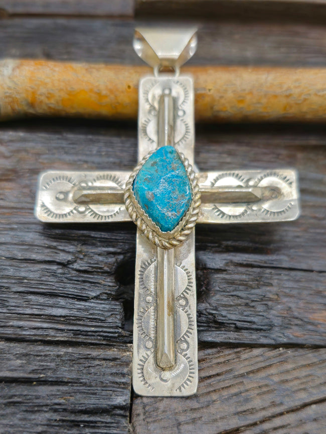 Sterling Silver Cross with Kingman Turquoise by Julia Etsitty