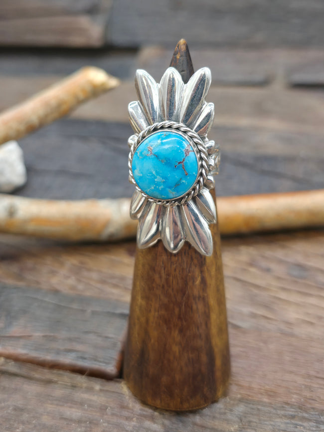High Shine Sterling Silver Kingman Turquoise Starburst Ring - Size 7 3/4