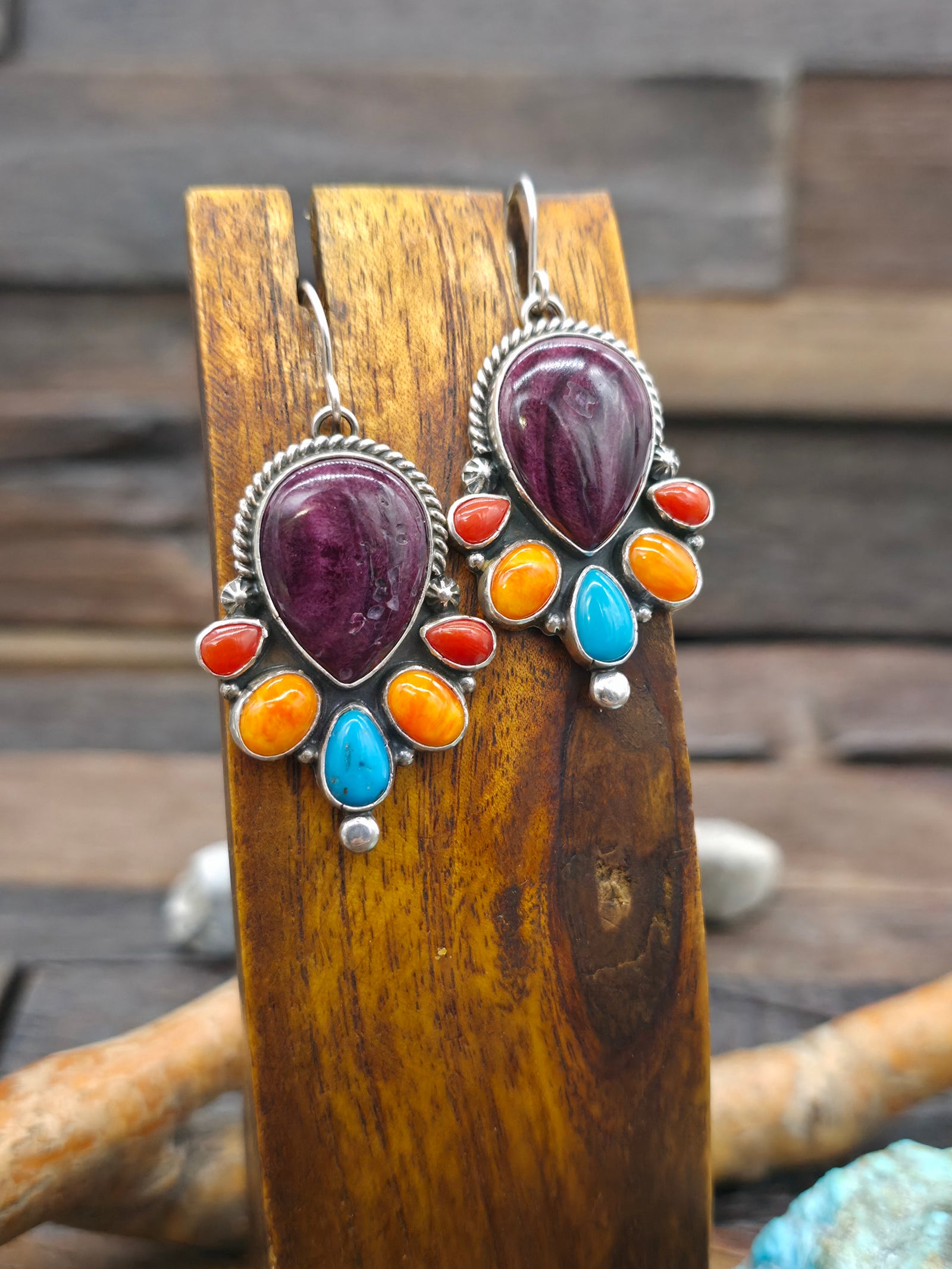 Purple and Orange Spiny, Coral, and Turquoise Hook Dangle Earrings by Annie Hoskie