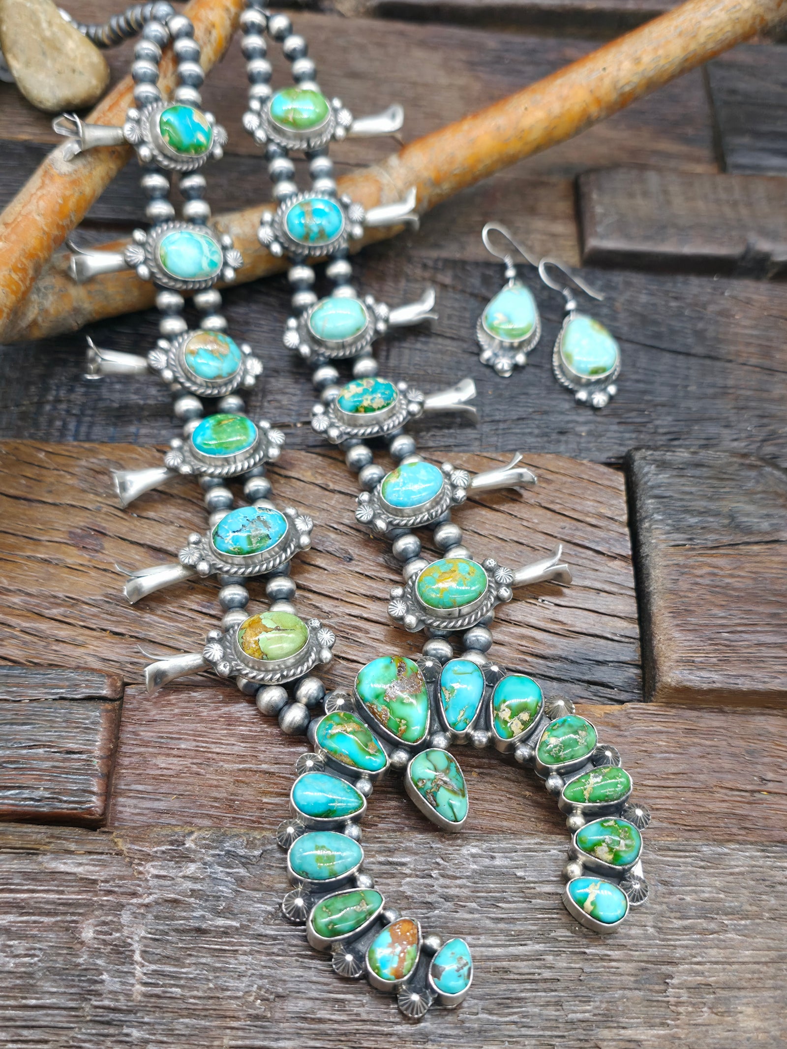 Sterling Silver Sonoran Turquoise Squash Blossom Necklace and Earring Set by Theresa Smith - 22 in.