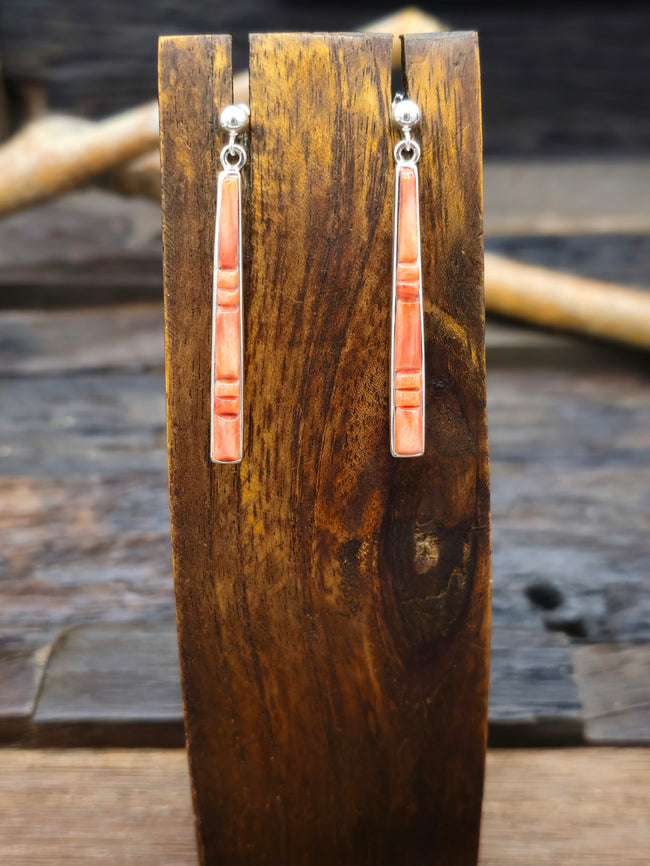 Red Spiny Oyster Cobblestone Inlay Sterling Silver Post Dangle Earrings by Rick Tolino