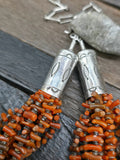 Nine Strand Coral and Olive Shell Necklace with Stamped Sterling Silver Caps by Mel Masquat - 28 in. Plus 5 in. Extender