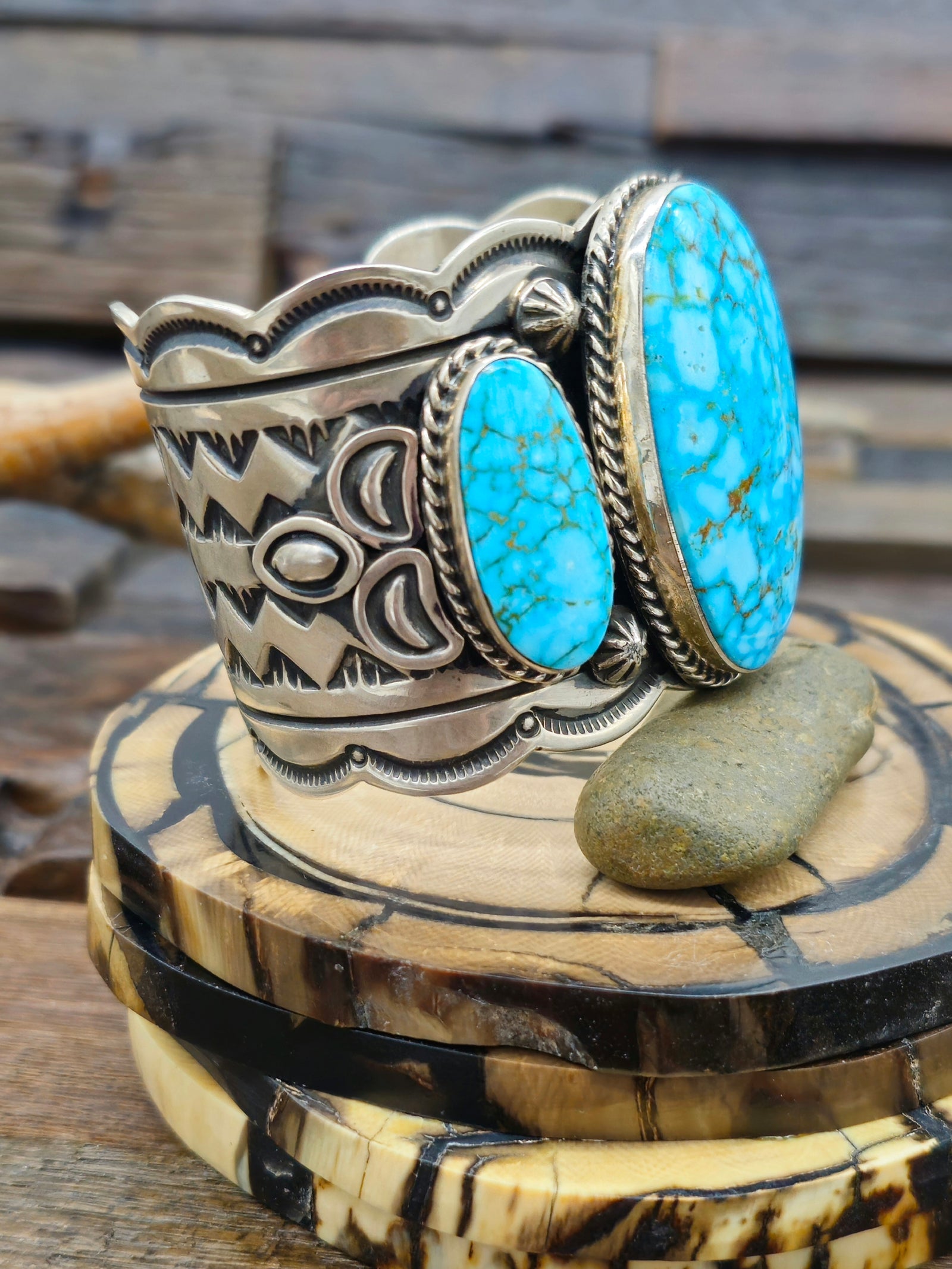 Three Stone Sterling Silver Kingman Turquoise Cuff by Delbert Delgarito - 6 1/2 in.