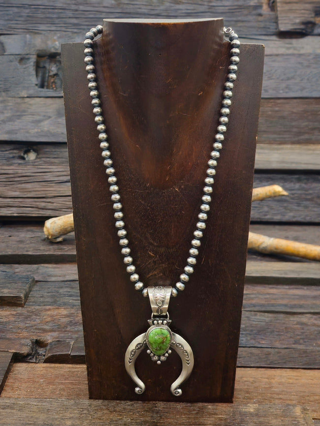 Green Turquoise Naja on Oxidized Sterling Silver Bead Necklace by Samuel Yellowhair - 18 in.