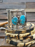 Five Stone Sterling Silver Leaf Applique Cuff with Bear Claws and Turquoise by Ernest Hawthorne - 7 1/2 in. with Gap