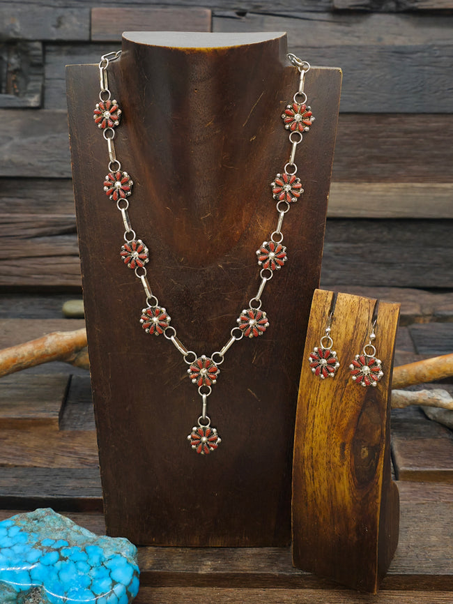 Zuni Sterling Silver and Coral Lariat Necklace and Earring Set by David Leekity - 20 in. with 1 1/3 in. Drop