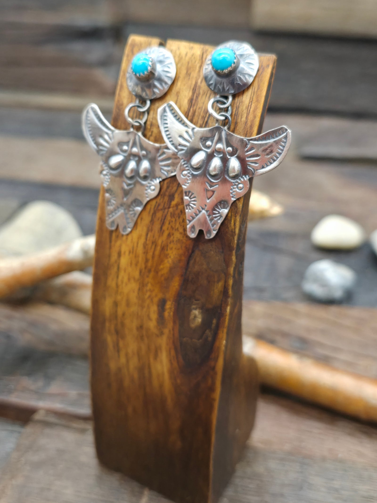 Stamped Sterling Silver Cow Skull Turquoise Earrings by L. Yazzie