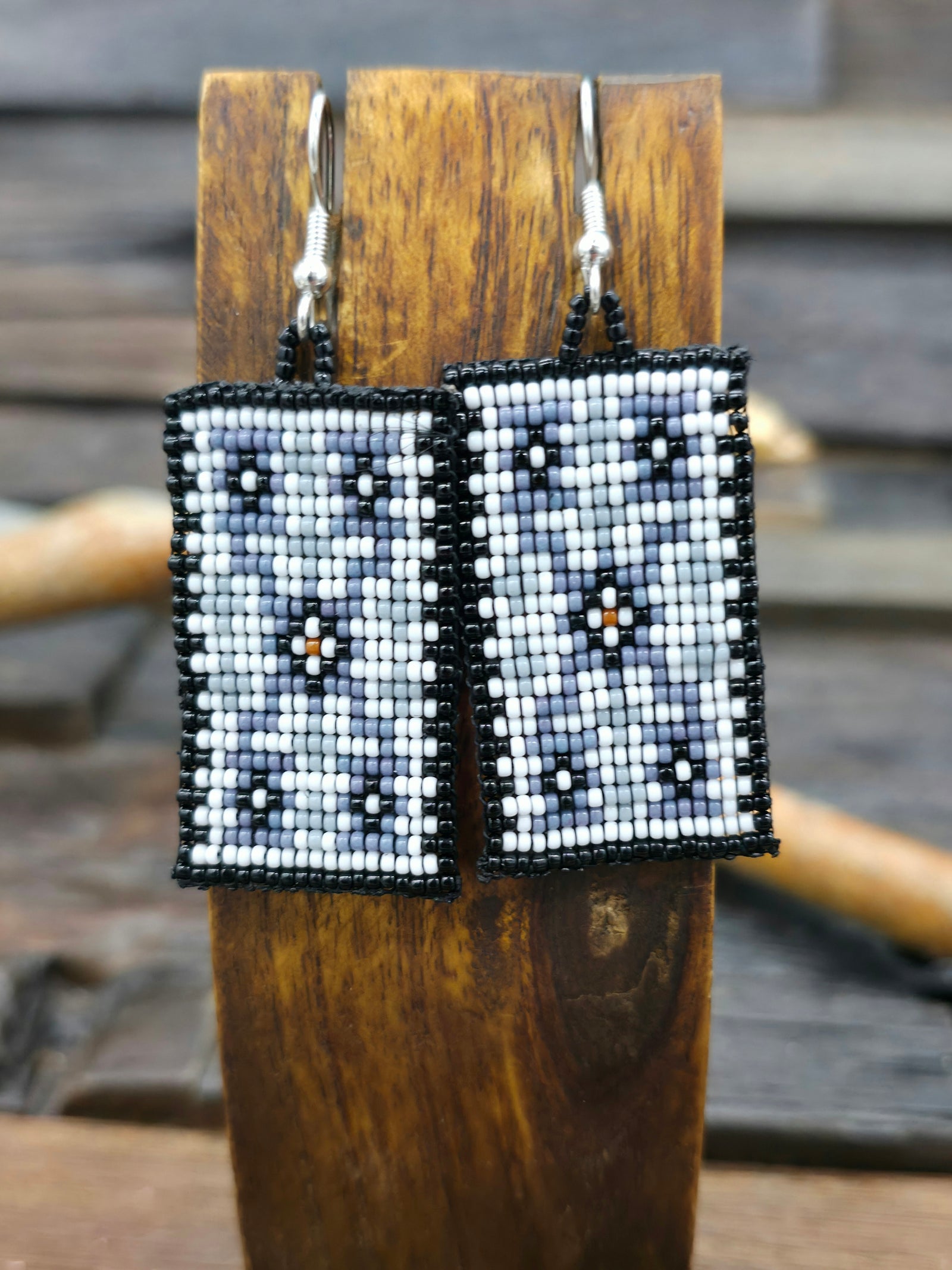 Handmade Blanket Print Beaded Earrings -Black and White
