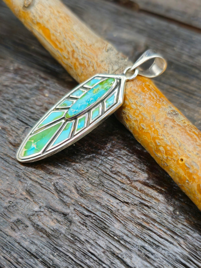 Green Turquoise Sterling Silver Inlay Feather Pendant