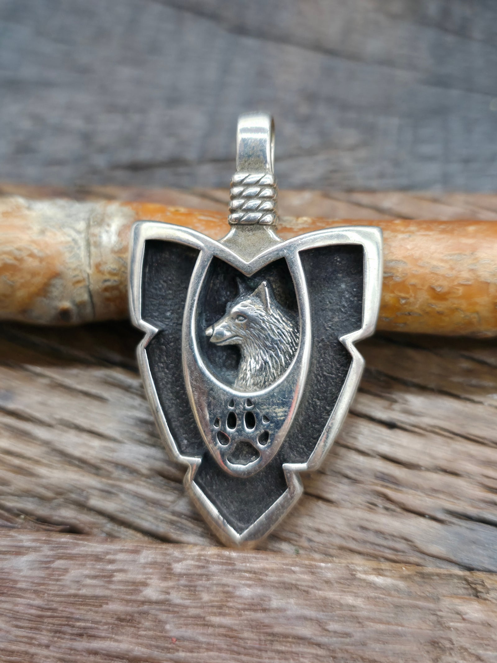 Sterling Silver Arrowhead Pendant - Wolf  NON NATIVE MADE - 2 1/4 in. by 1 1/4 in.