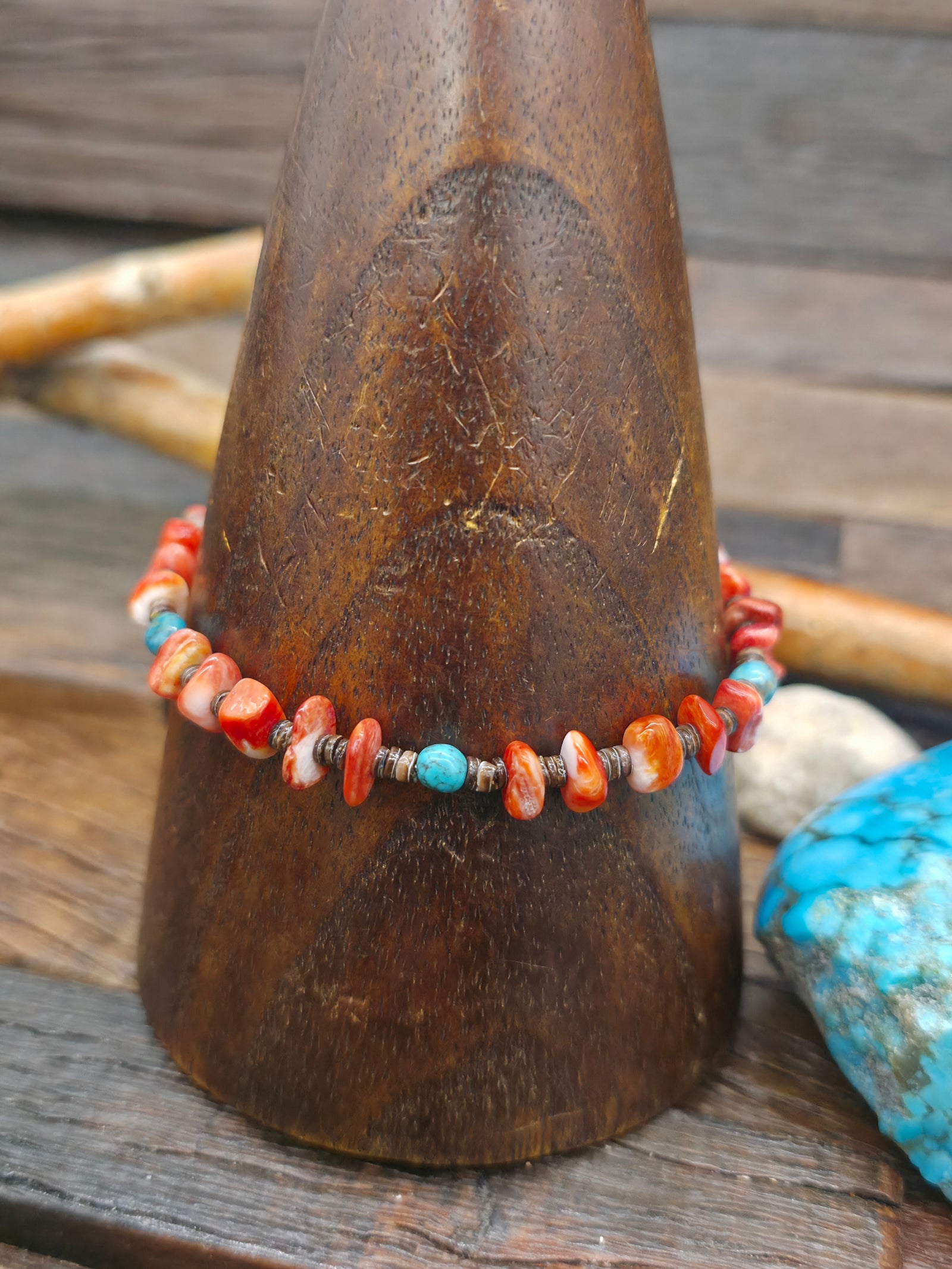 Blue Turquoise with Red Spiny Oyster Shell Bracelet by Ophelia Moses - 8 in.
