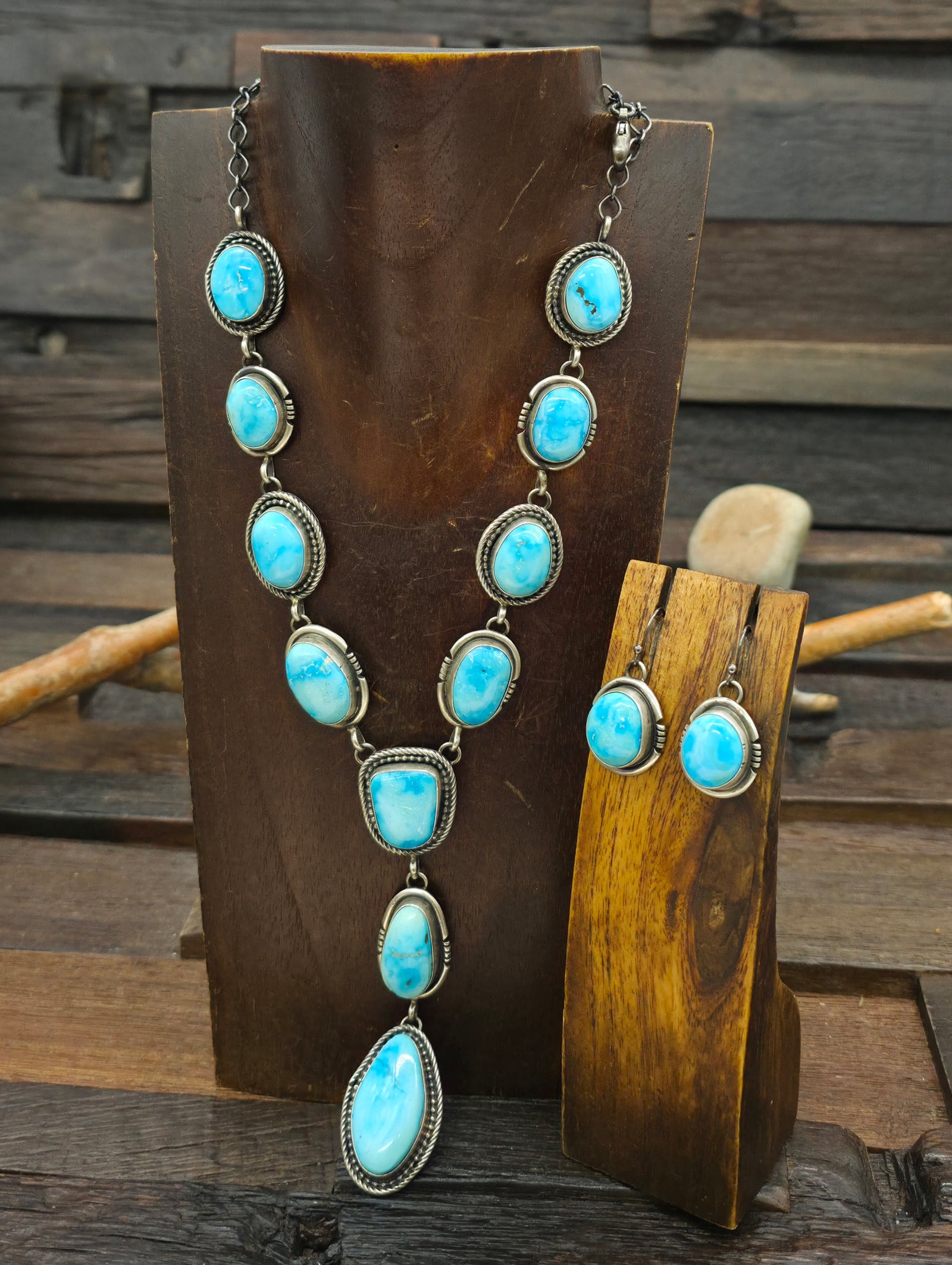 Sterling Silver Turquoise Lariat Necklace and Earring Set by "RB" - 22 in. with 4 in. Drop