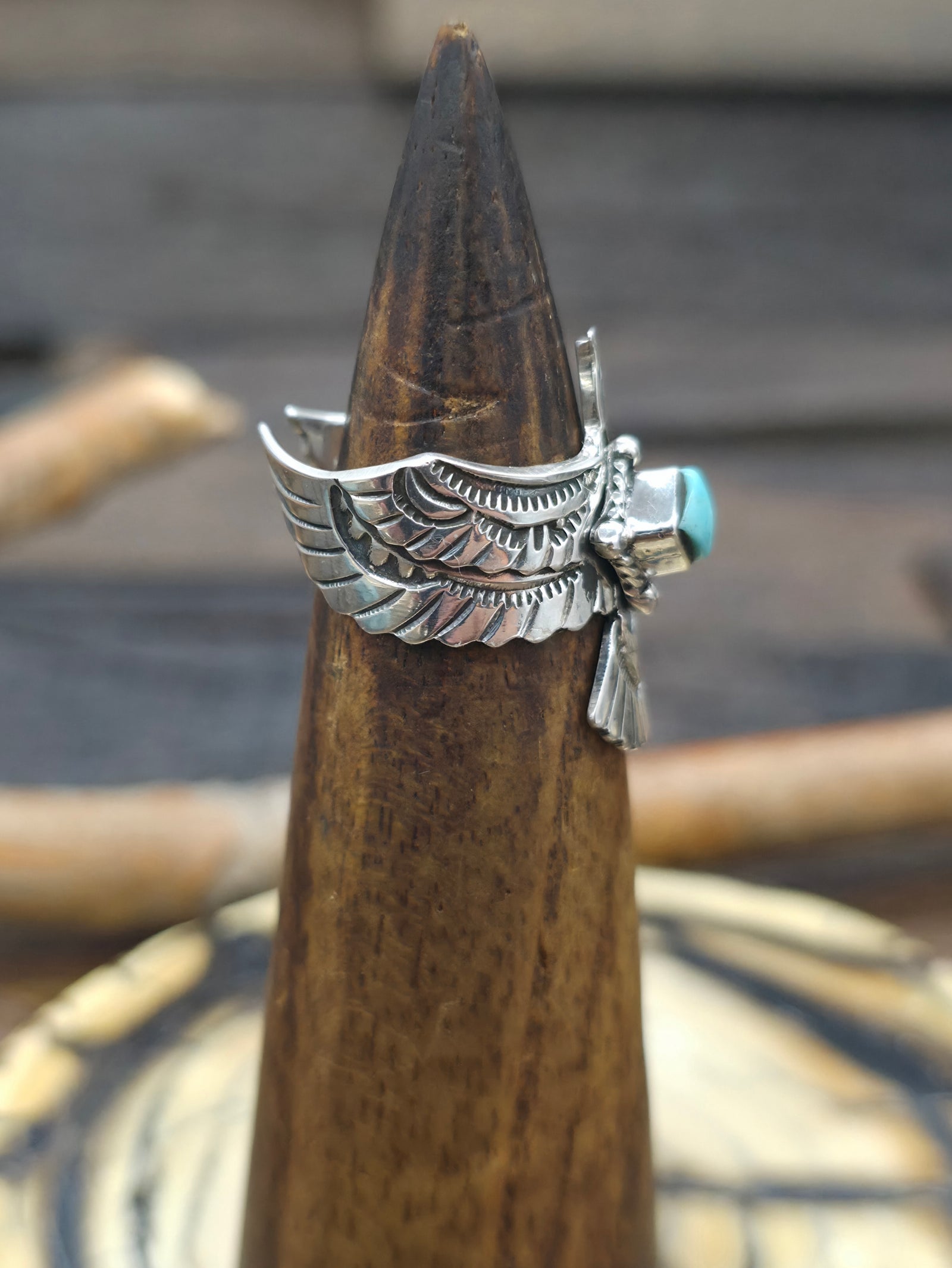 Sterling Silver Thunderbird Ring with Turquoise by Jeremy Delgarito - Size 7