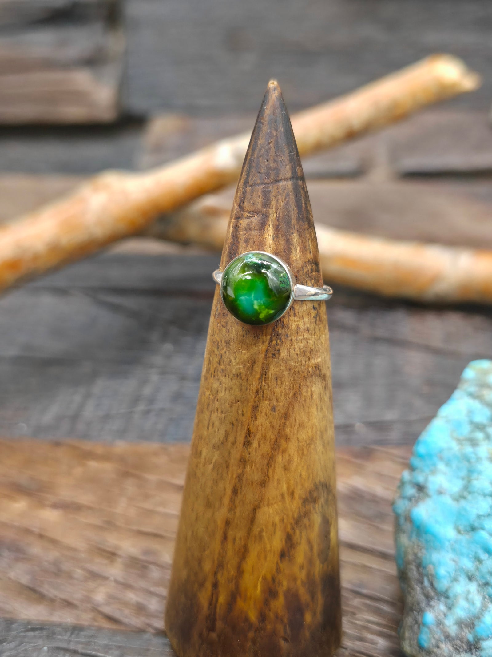 High Shine Sterling Silver and Sonoran Turquoise Ring by Nikoli Ashley - Size 7 1/2