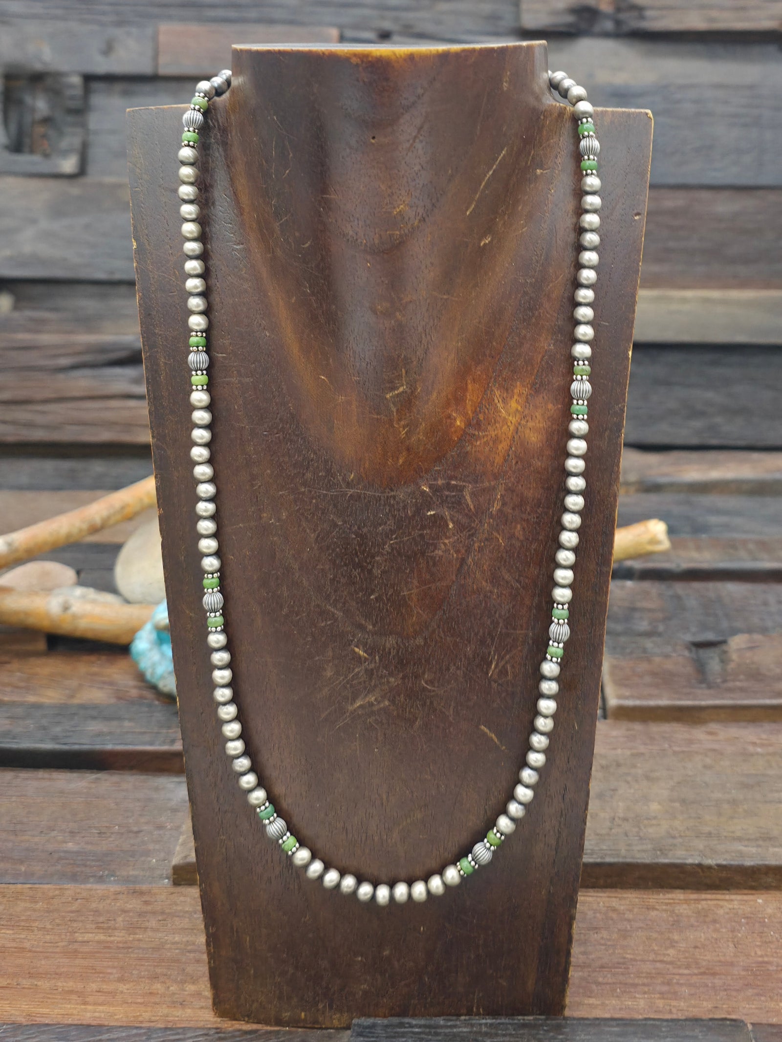 Oxidized Sterling Silver and Green Turquoise Bead Necklace - 21 in. plus 2 in. Extender