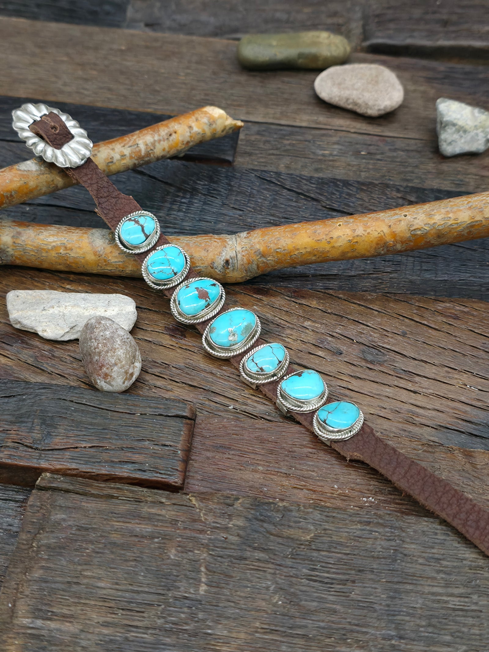 Seven Stone Blue Turquoise Brown Leather Buckle Bracelet - 8 in.