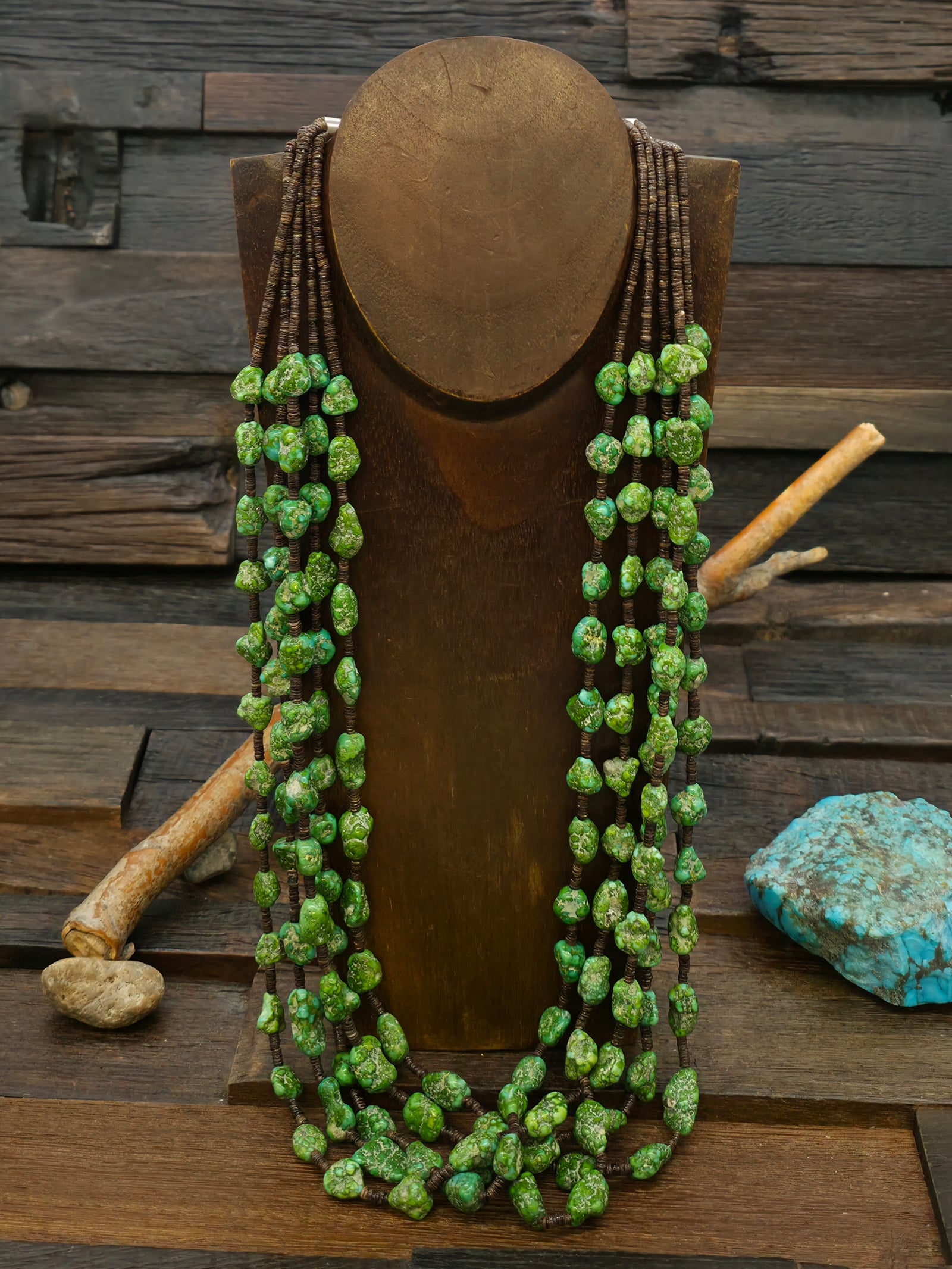 Five Strand Sonoran Nugget and Olive Shell Heishi Necklace by Sharon Garcia - 30 in.