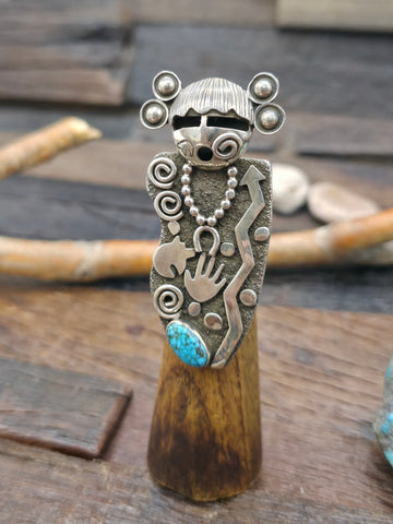 Sterling Silver Royston Turquoise Petroglyph Earrings by Alex Sanchez - 3 1/2 in. by 5/8 in.