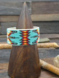 Beadwork Cuff by Dean Martin - Turquoise, Red, and Black with Feather Design - 6 3/4 in. with Gap