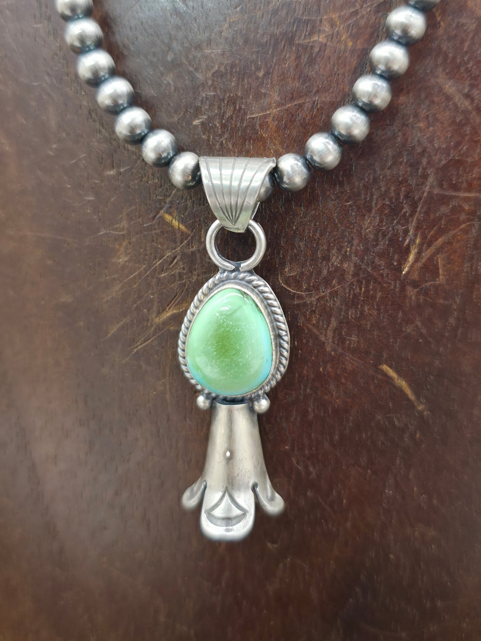 Sterling Silver Green Sonoran Turquoise Squash Blossom Pendant on Navajo Pearls by Sharon McCartney - 16 in.