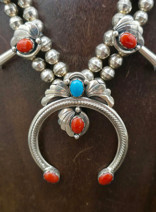 Turquoise and Coral Sterling Silver Squash Blossom Necklace and Earring Set by Pearlene Spencer - 22 in.