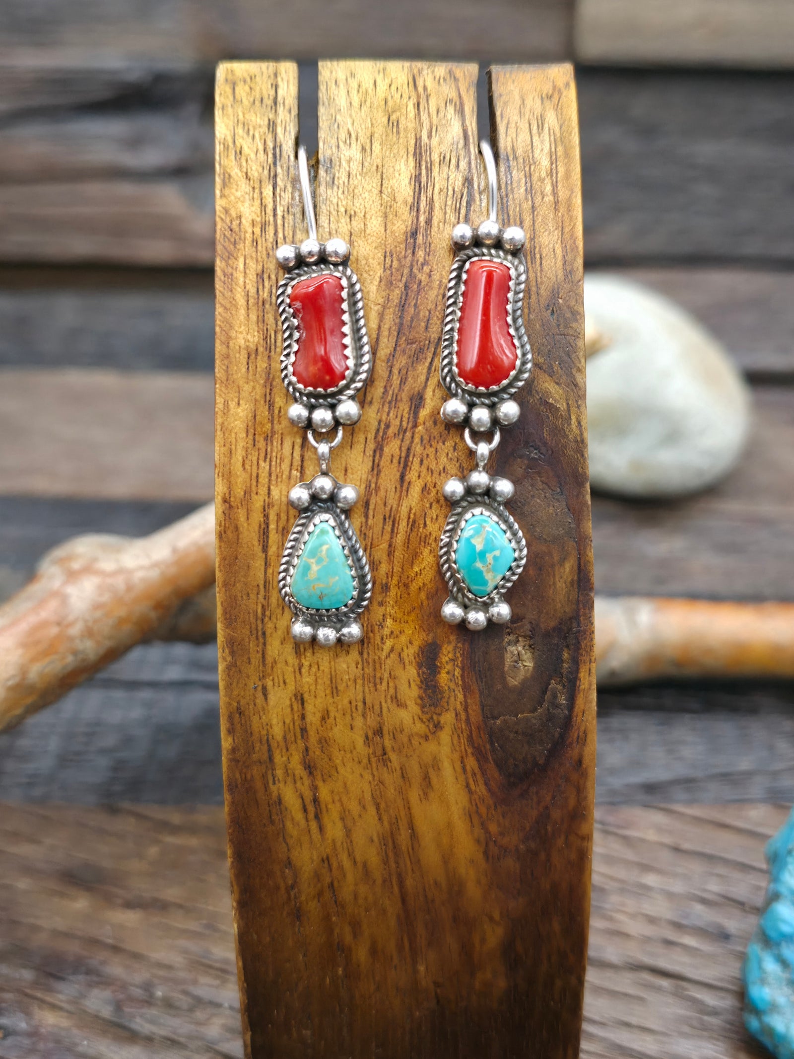 Sterling Silver Coral and Turquoise Earrings by Rosella Paxson - 2 1/4 in. by 1/2 in.
