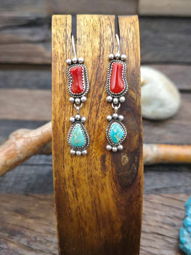 Sterling Silver Coral and Turquoise Earrings by Rosella Paxson - 2 1/4 in. by 1/2 in.