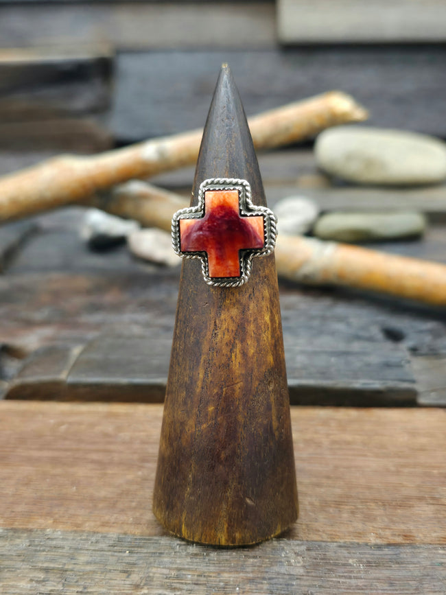 Sterling Silver Red Spiny Oyster Santa Fe Cross Ring by L. Archuleta - Size 8 1/2