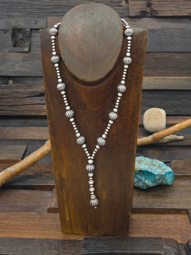 Oxidized Fluted Sterling Silver Mixed Bead Lariat Necklace - 16 in. plus 2 in. Extender