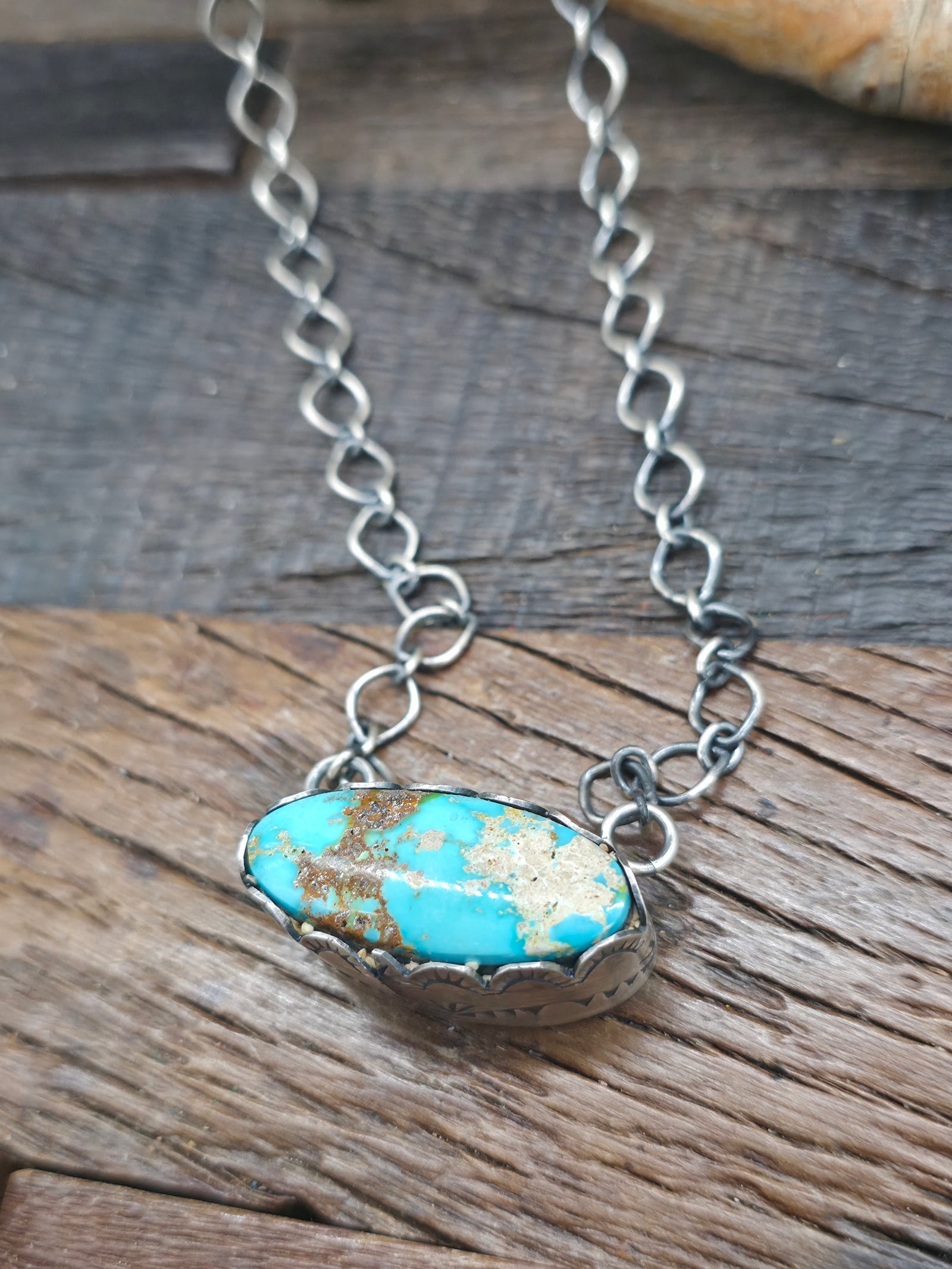 Sterling Silver Blue Turquoise Stamped Bezel Necklace - 20 in.