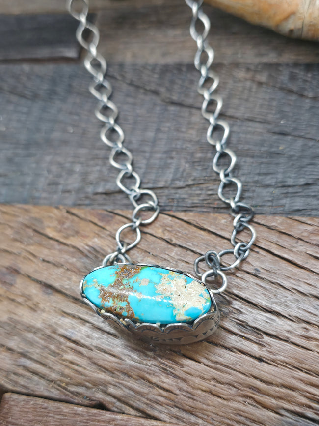 Sterling Silver Blue Turquoise Stamped Bezel Necklace - 20 in.