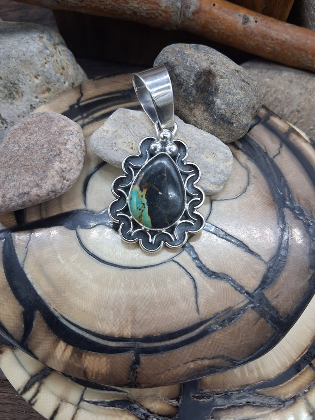 Black Jack Turquoise Teardrop Sterling Silver Border Pendant by M.B.