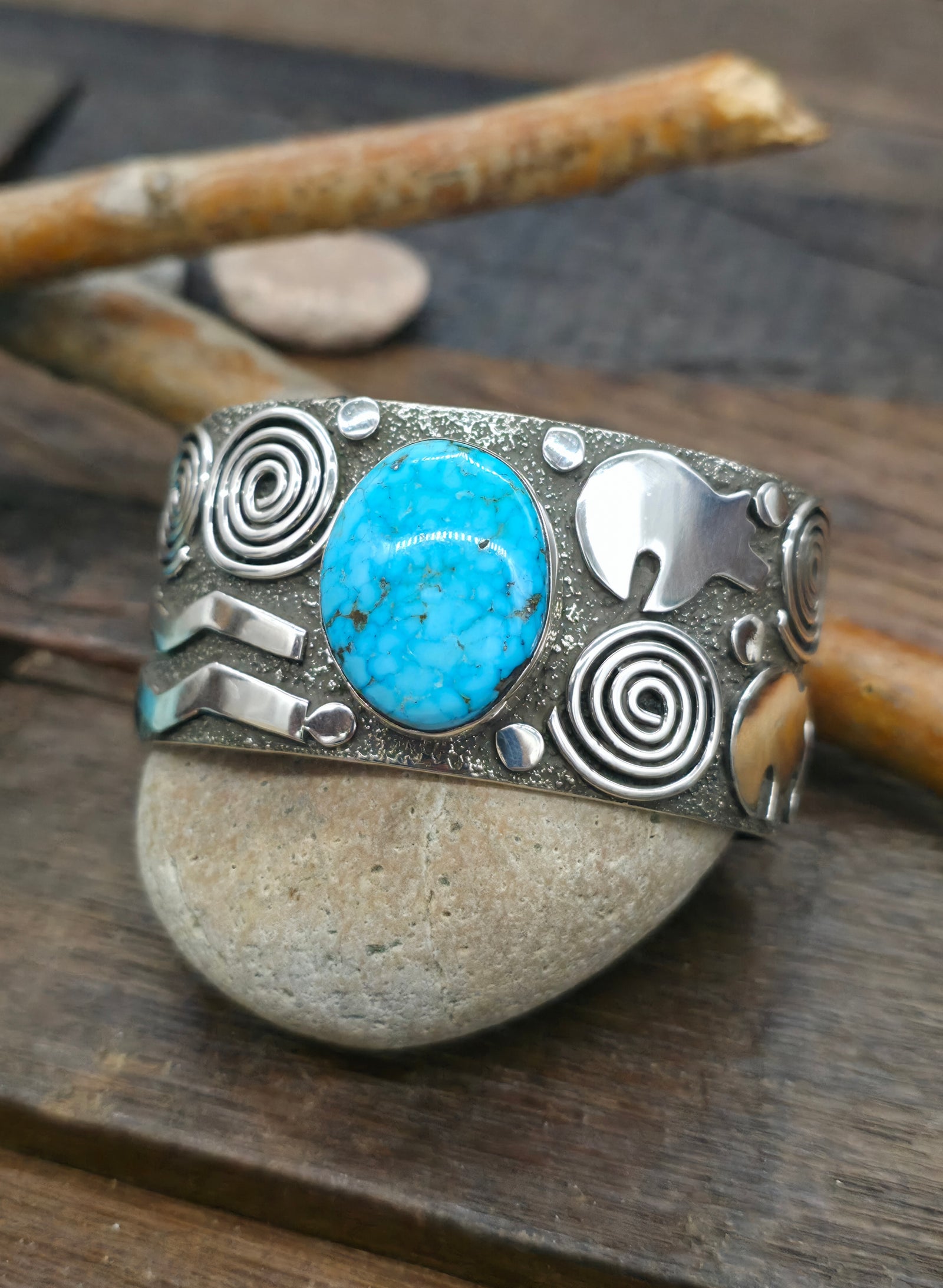 Petroglyph Sterling Silver & Kingman Turquoise Cuff by Alex Sanchez - 6 1/2 in. with Gap