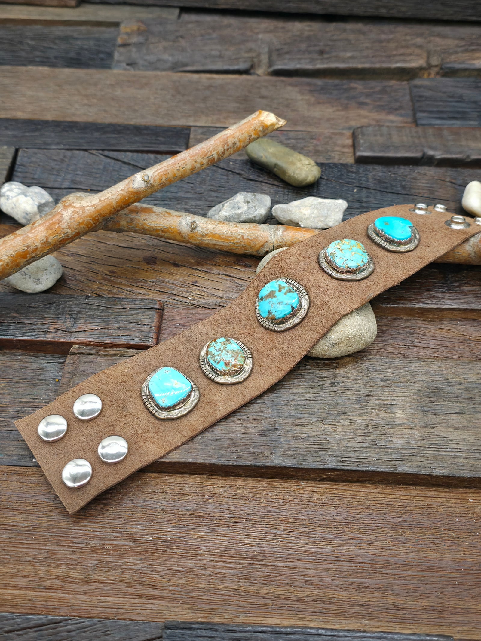 Five Stone Brown Suede Leather Blue Turquoise Bracelet by Jeff Lucio - 9 in