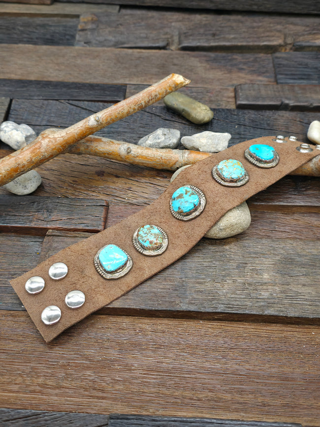 Five Stone Brown Suede Leather Blue Turquoise Bracelet by Jeff Lucio - 9 in