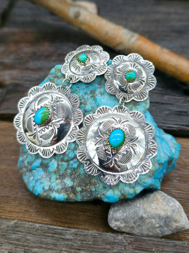 Stamped Sterling Silver and Blue-Green Turquoise Earrings by Bertha Begay