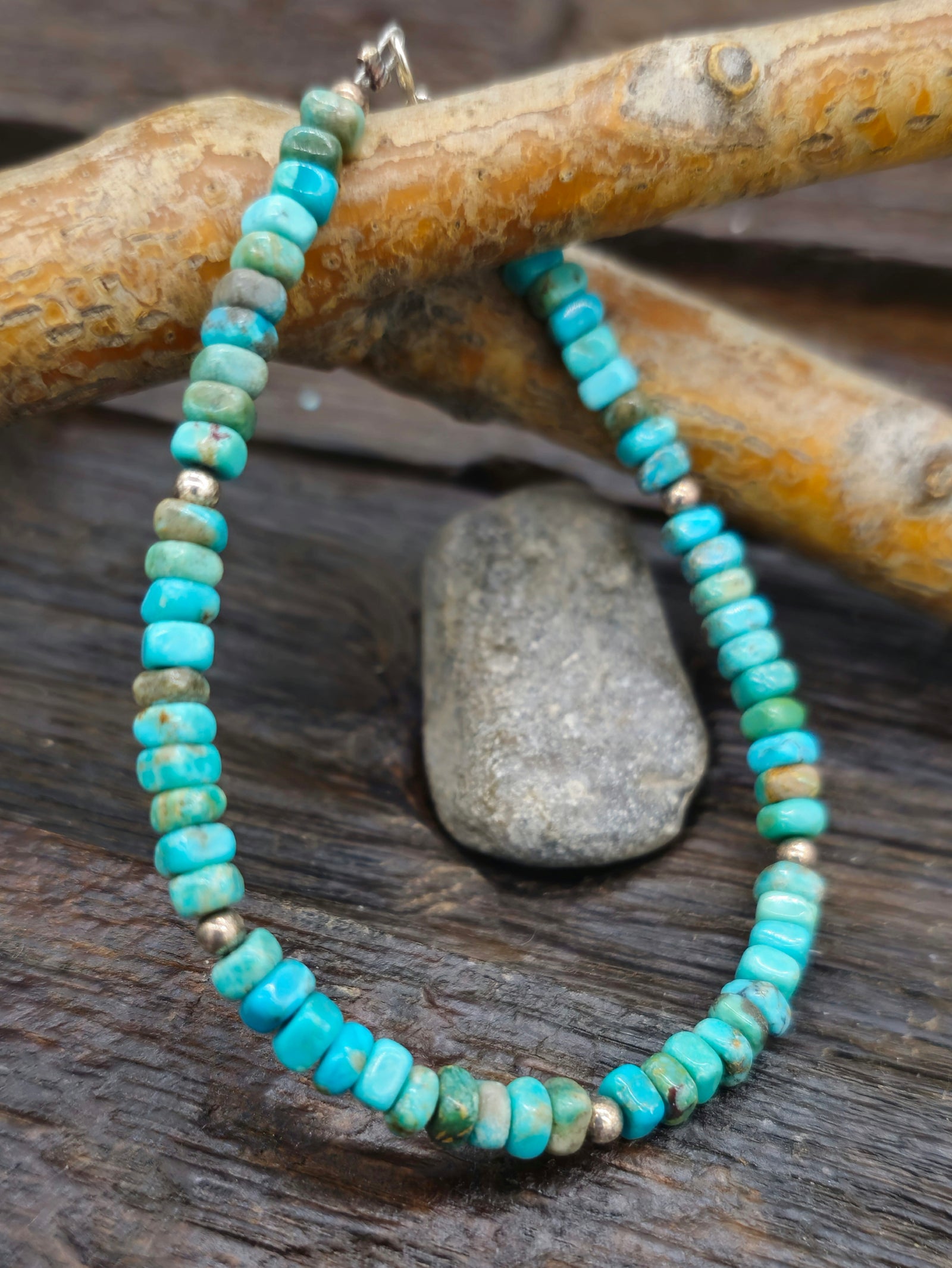 Blue Turquoise Square Bead Bracelet with Sterling Silver 7 1/2 in